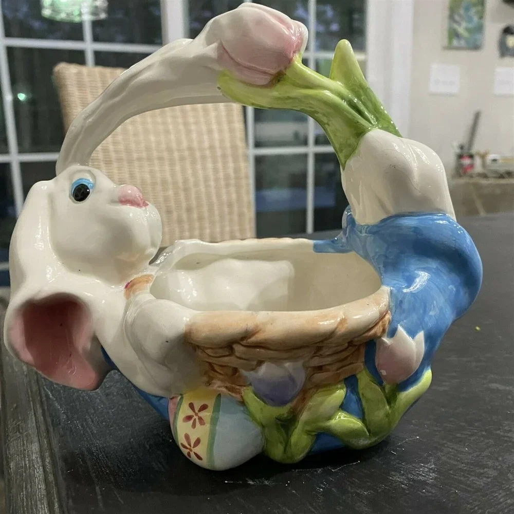 Vintage WCL Figural Bunny Rabbit Ceramic Basket Candy Bowl Dish Flowers Easter